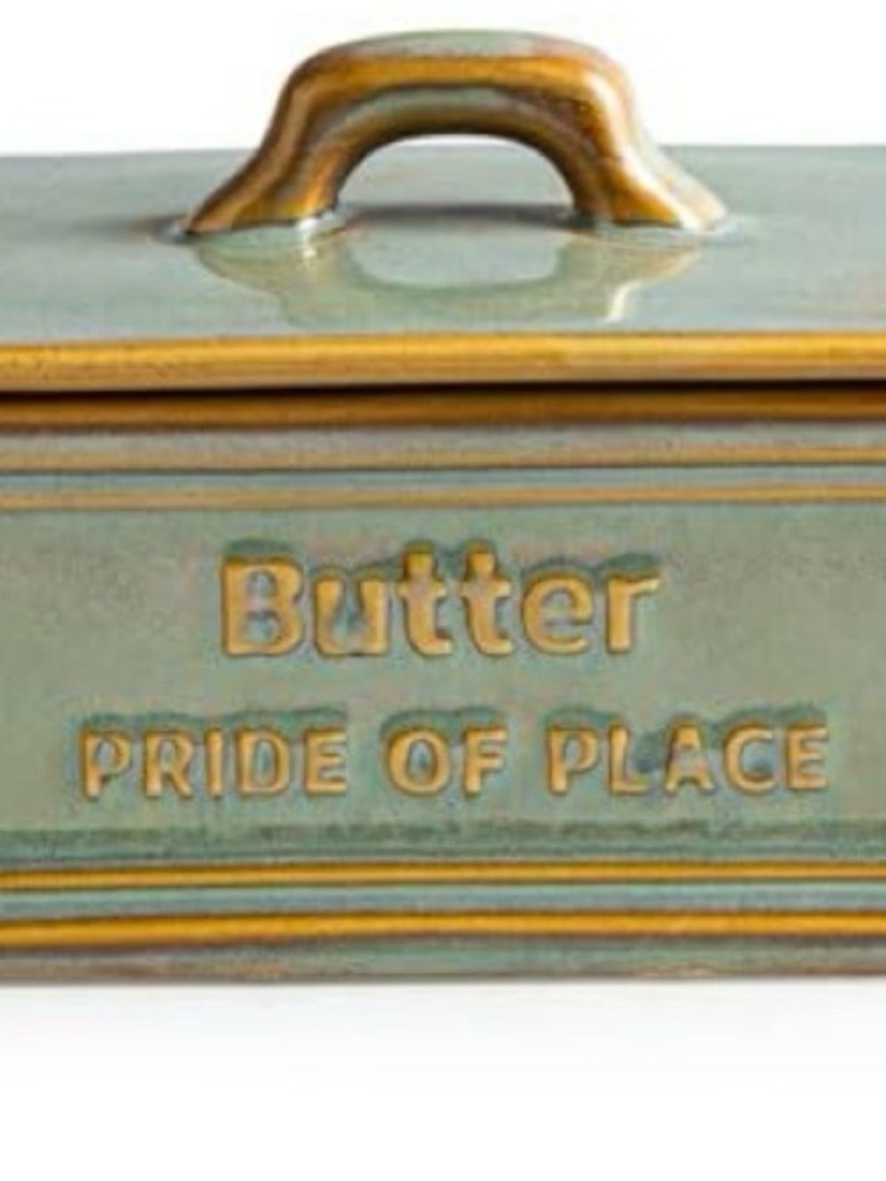 Glazed Ceramic Butter Dish with Raised Lettering